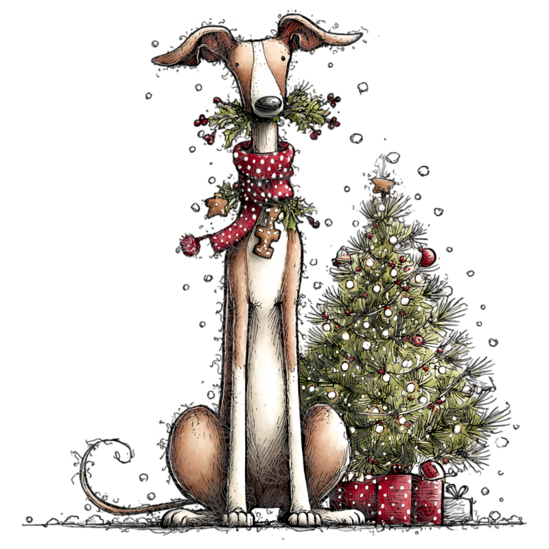 Cute Christmas dog greyhound wearing festive scarf and holly wreath beside decorated tree, Grey Barn Handwerk, Saskatchewan.